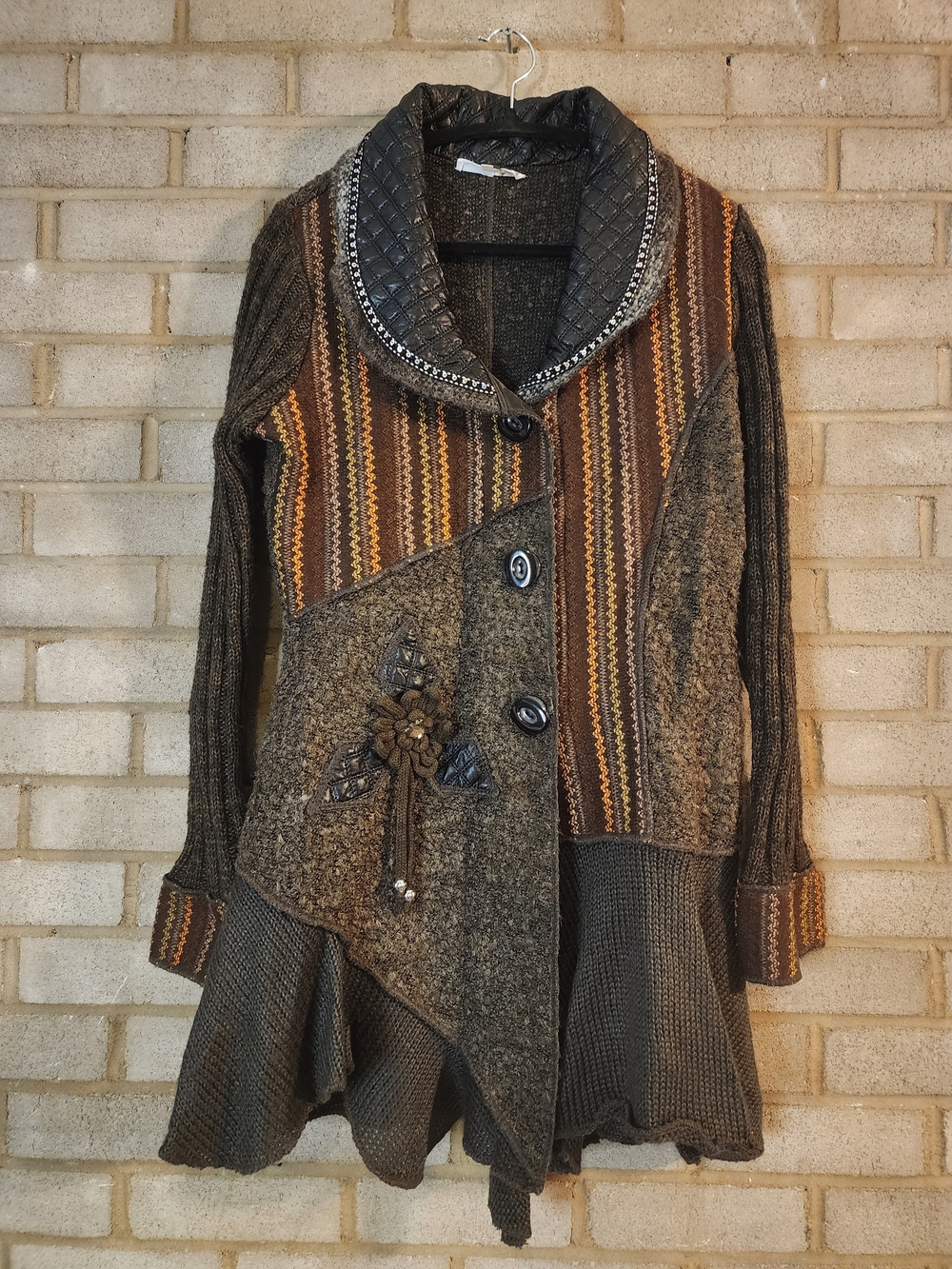 Liquid by Sioni Boho Patchwork Knit Cardigan Jacket in Brown & Tan